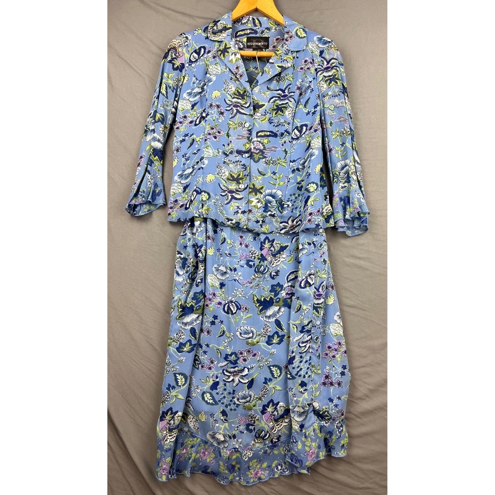 Requirements Skirt Set Womens 8 Floral Blue Rayon Top Ruffle Midi Skirt Exc Cond